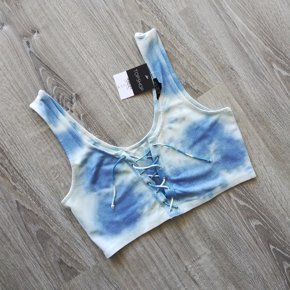 TOPSHOP Tie Dye Blue Cloud Lace Up Crop Top / Bralette Stetchy - Picture 5 of 6